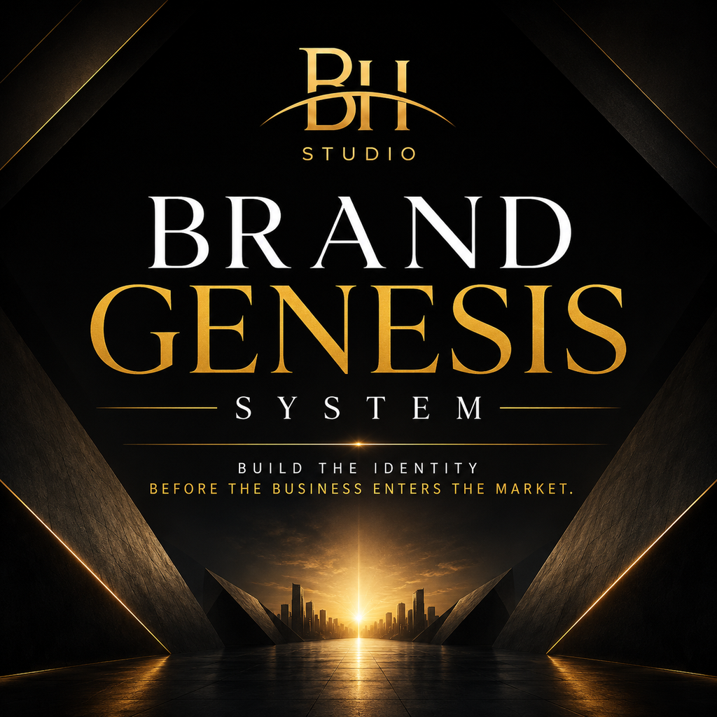 Black-and-gold Brand Genesis System visual featuring a cinematic beauty portrait and the journey from strategy and identity to cinematic assets, brand music and activation.