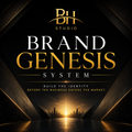 Black-and-gold Brand Genesis System visual featuring a cinematic beauty portrait and the journey from strategy and identity to cinematic assets, brand music and activation.