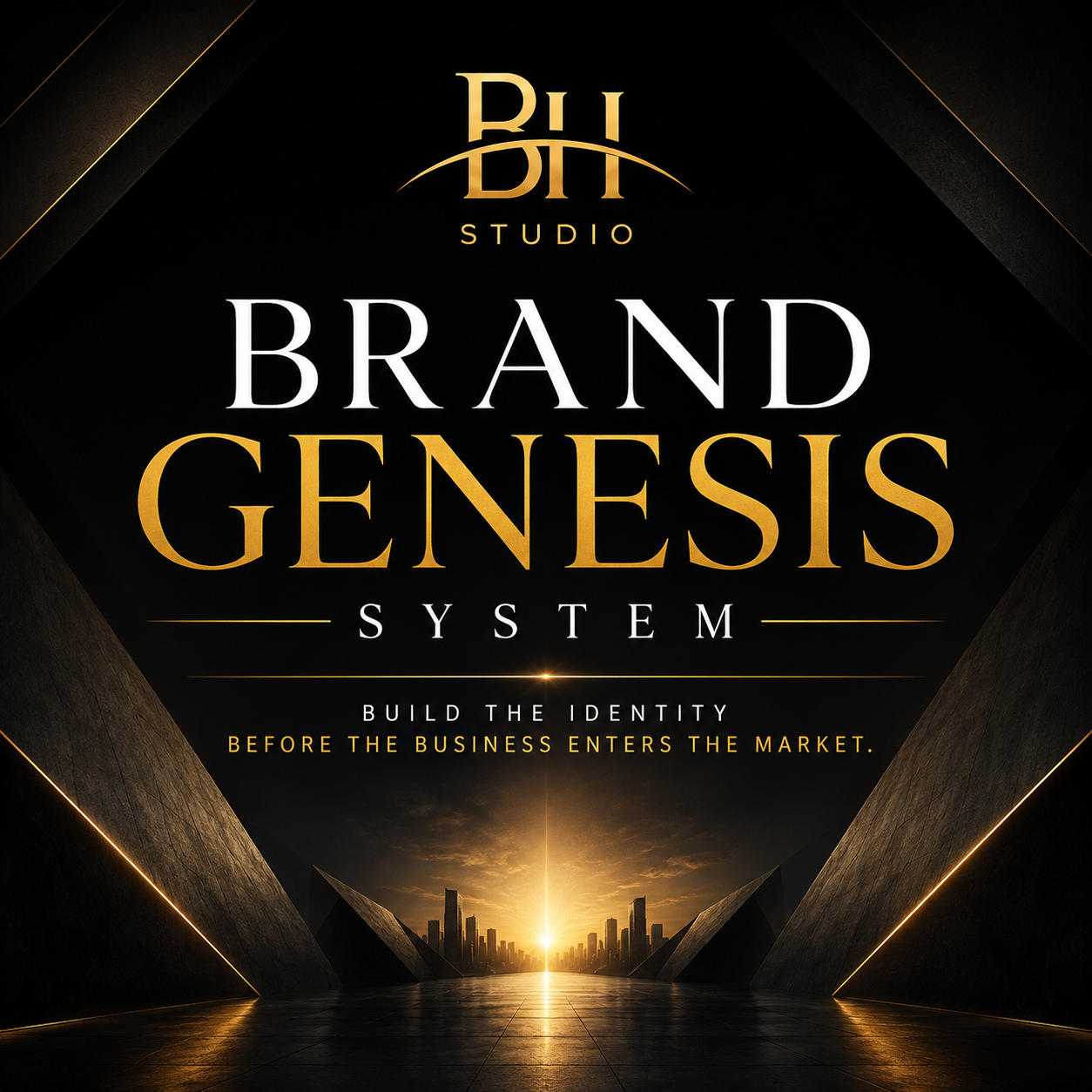 Black-and-gold Brand Genesis System visual featuring a cinematic beauty portrait and the journey from strategy and identity to cinematic assets, brand music and activation.