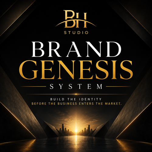 Black-and-gold Brand Genesis System visual featuring a cinematic beauty portrait and the journey from strategy and identity to cinematic assets, brand music and activation.