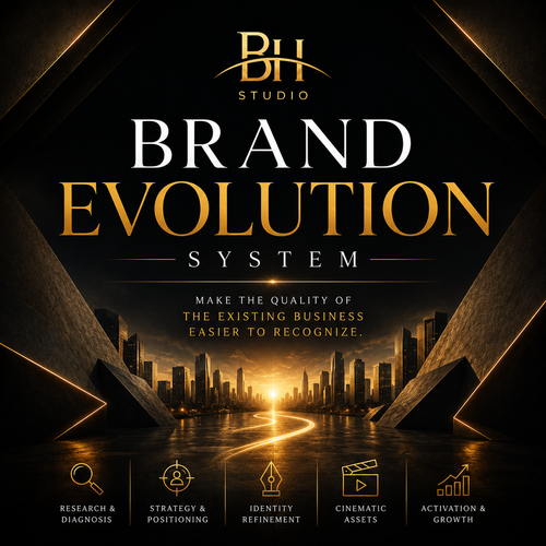 Black-and-gold Brand Evolution System cover representing strategic repositioning, identity refinement and business growth.